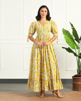 Women's Floral Cotton Maxi Dress with Puff Sleeves