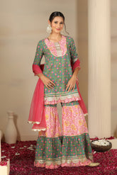 Women’s Cotton Printed Kurta Set with Sharara & Dupatta