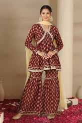 Women’s Cotton Printed Kurta Set with Flared Palazzo & Dupatta