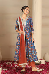 Women’s Blue Printed Anarkali Kurta Set with Pants & Dupatta