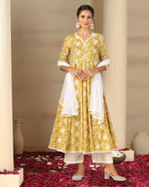 Women’s Cotton Flared Anarkali Kurta Set with Pants & Dupatta