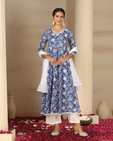 Women’s Cotton Flared Anarkali Kurta Set with Pants & Dupatta