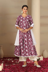 Women’s Cotton Flared Anarkali Kurta Set with Pants & Dupatta