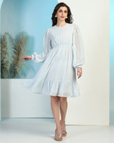 Women Jacquard Georgette Woven Fit & Flared Mini Dress