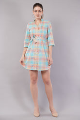 Peach Checked Knee Length Casual Women Regular Fit Dress