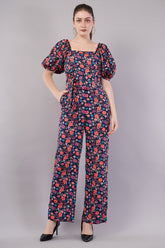 Summer Floral Jumpsuit With Puff Sleeve