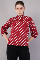 Women’s Red Polka Dot Printed High Neck Puff Sleeves Top