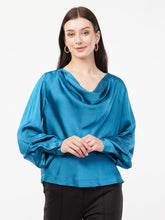 Women Cowl Neck Cuffed Sleeve Satin Top