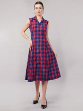 Women Checked Shirt Collar Cotton Fit and Flare Midi Dress