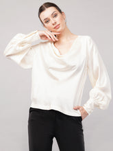 Women Cowl Neck Satin Cuffed Sleeves Top