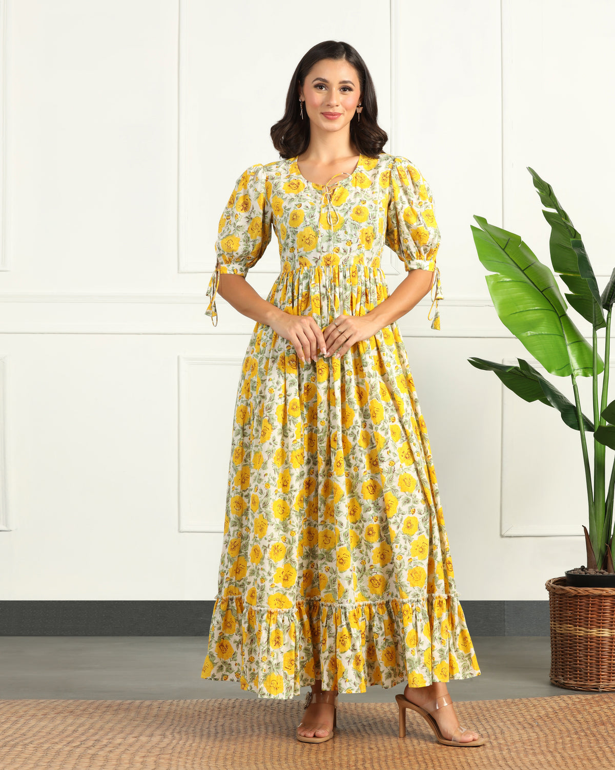 Women's Floral Cotton Maxi Dress with Puff Sleeves