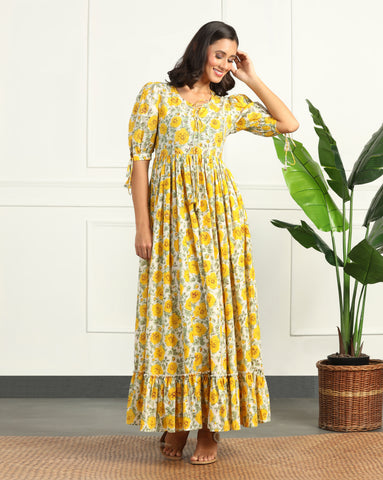 Women's Floral Cotton Maxi Dress with Puff Sleeves