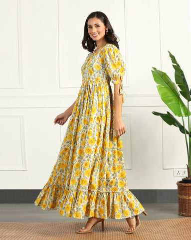Women's Floral Cotton Maxi Dress with Puff Sleeves