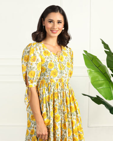 Women's Floral Cotton Maxi Dress with Puff Sleeves