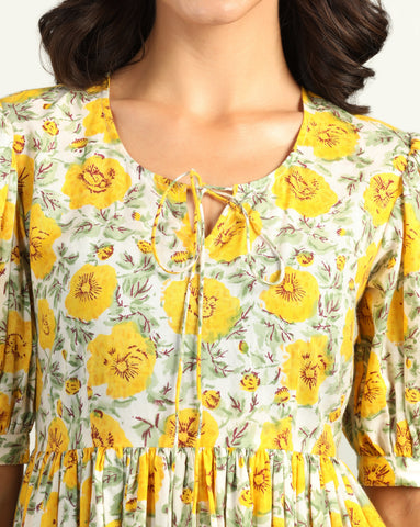 Women's Floral Cotton Maxi Dress with Puff Sleeves