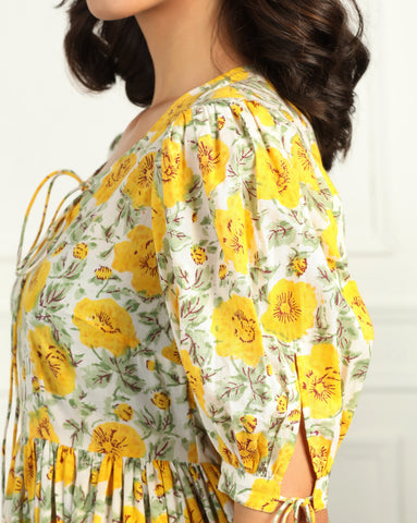 Women's Floral Cotton Maxi Dress with Puff Sleeves