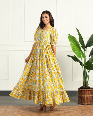 Women's Floral Cotton Maxi Dress with Puff Sleeves