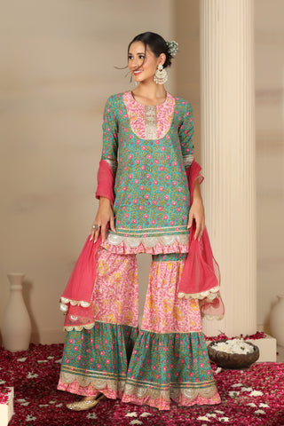 Women’s Cotton Printed Kurta Set with Sharara & Dupatta