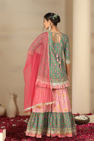 Women’s Cotton Printed Kurta Set with Sharara & Dupatta