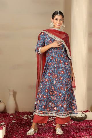 Women Floral Printed Angrakha Gotta Patti Pure Cotton Kurta Set With Dupatta