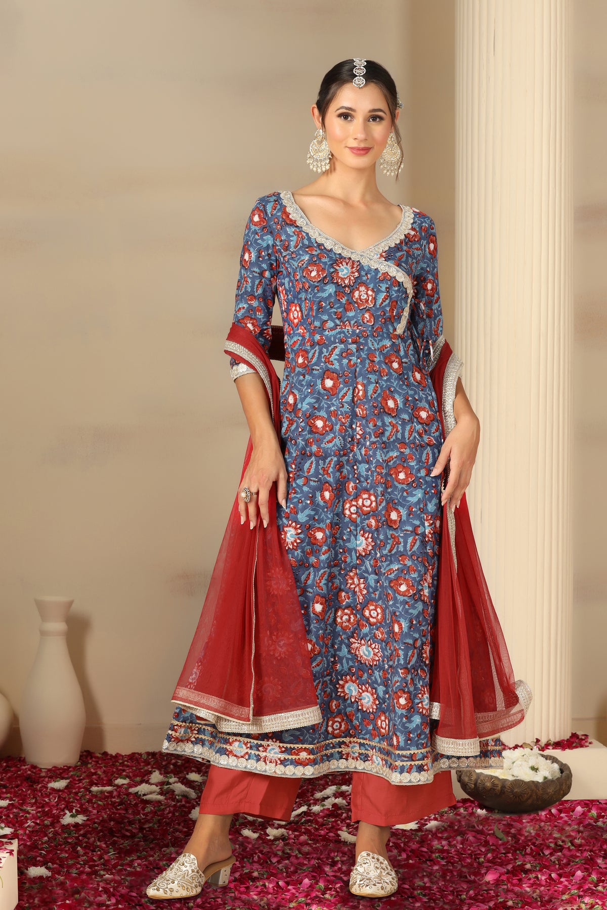 Women Floral Printed Angrakha Gotta Patti Pure Cotton Kurta Set With Dupatta