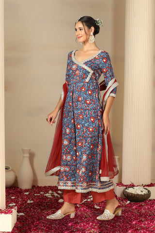 Women Floral Printed Angrakha Gotta Patti Pure Cotton Kurta Set With Dupatta