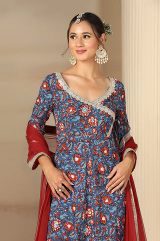 Women Floral Printed Angrakha Gotta Patti Pure Cotton Kurta Set With Dupatta