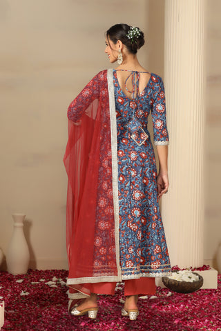 Women Floral Printed Angrakha Gotta Patti Pure Cotton Kurta Set With Dupatta