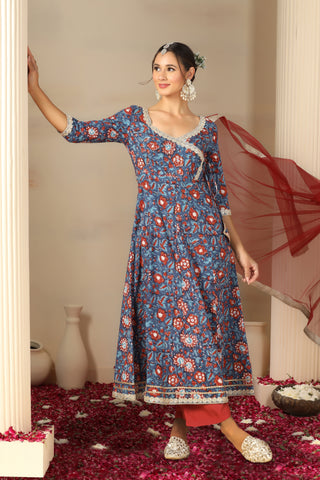 Women Floral Printed Angrakha Gotta Patti Pure Cotton Kurta Set With Dupatta