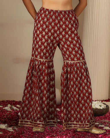 Women’s Cotton Printed Kurta Set with Flared Palazzo & Dupatta