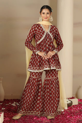Women’s Cotton Printed Kurta Set with Flared Palazzo & Dupatta