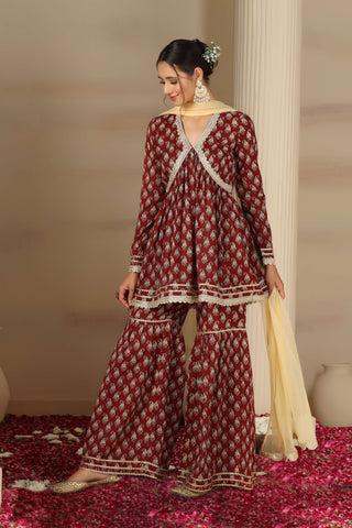 Women’s Cotton Printed Kurta Set with Flared Palazzo & Dupatta