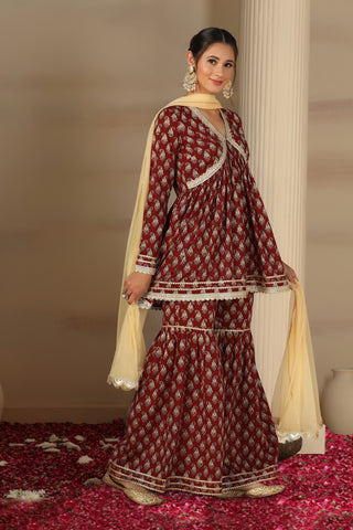 Women’s Cotton Printed Kurta Set with Flared Palazzo & Dupatta