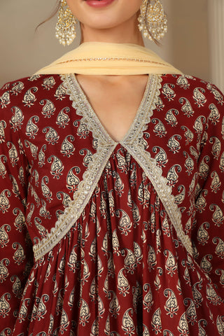 Women’s Cotton Printed Kurta Set with Flared Palazzo & Dupatta