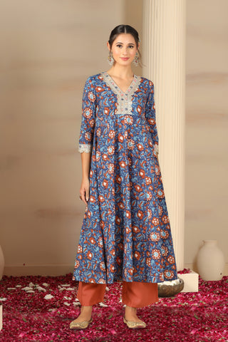 Women’s Blue Printed Anarkali Kurta Set with Pants & Dupatta