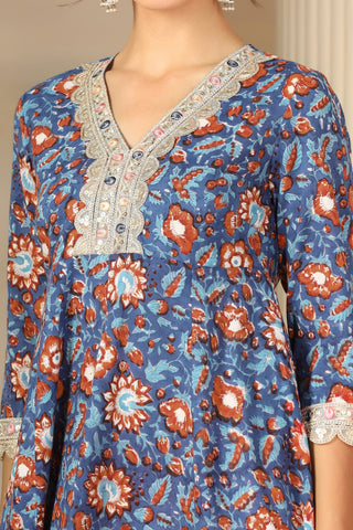 Women’s Blue Printed Anarkali Kurta Set with Pants & Dupatta