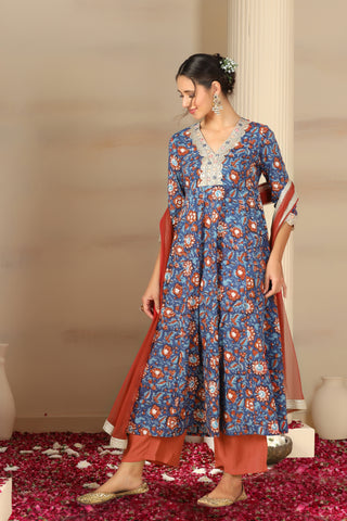 Women’s Blue Printed Anarkali Kurta Set with Pants & Dupatta