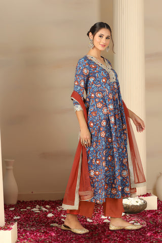 Women’s Blue Printed Anarkali Kurta Set with Pants & Dupatta