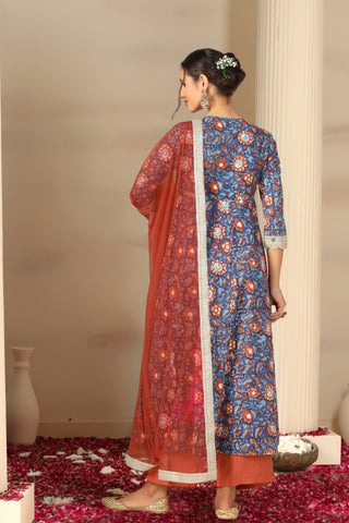 Women’s Blue Printed Anarkali Kurta Set with Pants & Dupatta