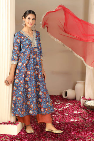 Women’s Blue Printed Anarkali Kurta Set with Pants & Dupatta