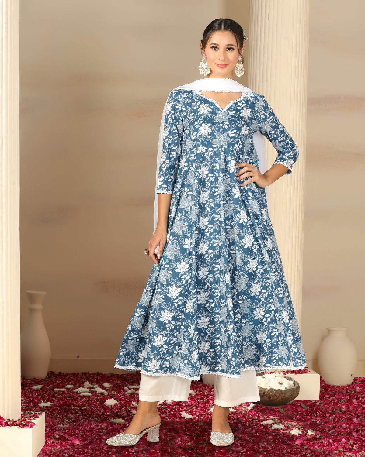 Women’s Cotton Flared Anarkali Kurta Set with Pants & Dupatta