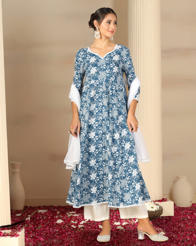 Women’s Cotton Flared Anarkali Kurta Set with Pants & Dupatta