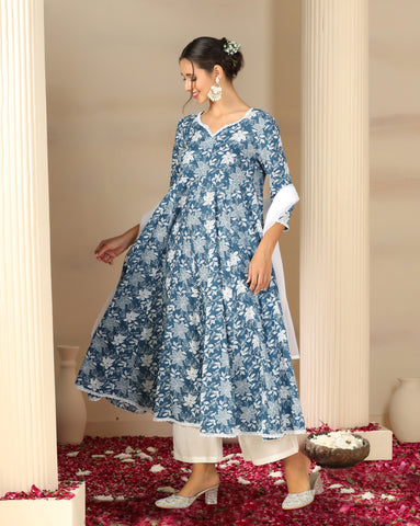 Women’s Cotton Flared Anarkali Kurta Set with Pants & Dupatta