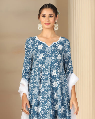 Women’s Cotton Flared Anarkali Kurta Set with Pants & Dupatta