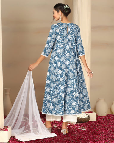 Women’s Cotton Flared Anarkali Kurta Set with Pants & Dupatta