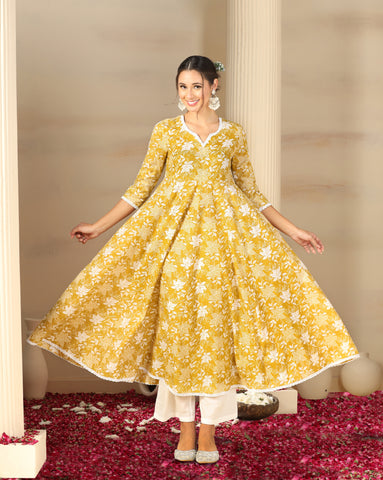 Women’s Cotton Flared Anarkali Kurta Set with Pants & Dupatta
