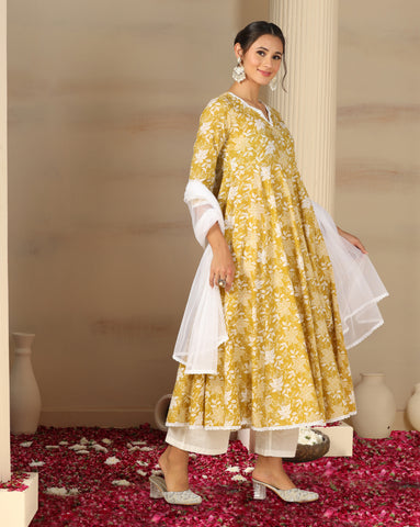 Women’s Cotton Flared Anarkali Kurta Set with Pants & Dupatta