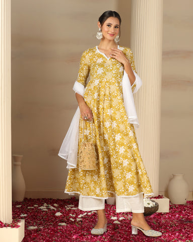 Women’s Cotton Flared Anarkali Kurta Set with Pants & Dupatta