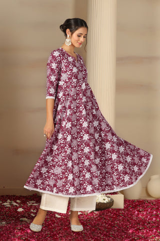 Women’s Cotton Flared Anarkali Kurta Set with Pants & Dupatta