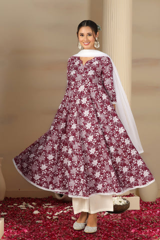 Women’s Cotton Flared Anarkali Kurta Set with Pants & Dupatta